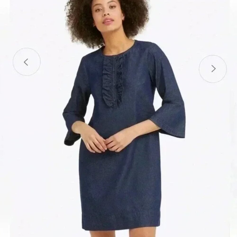 Draper James Chambray Denim Ruffle Neck Bell Sleeve Shift Dress Size 8